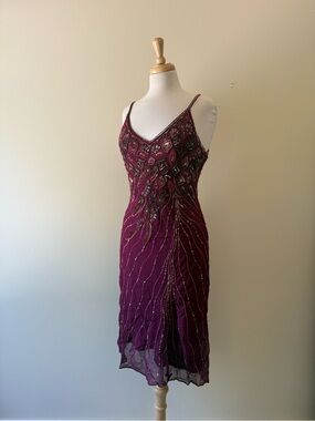 Made in India 100% Silk Hand Beaded Plum Evening Dress | NWOT